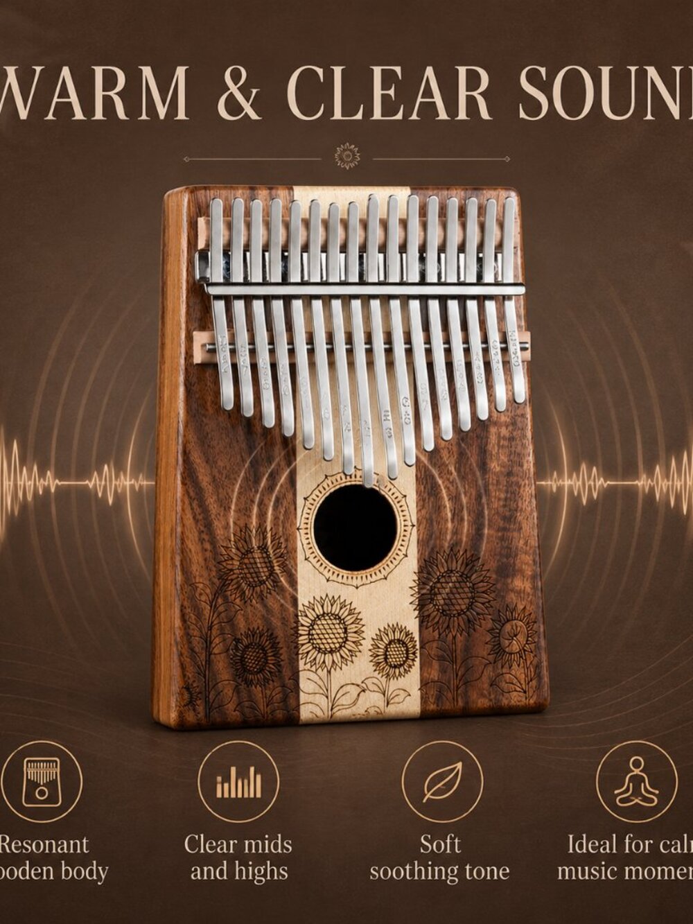 17 Key Wooden Kalimba Sunflower Design Thumb Piano Beginner Gift Case - Picture 9 of 10